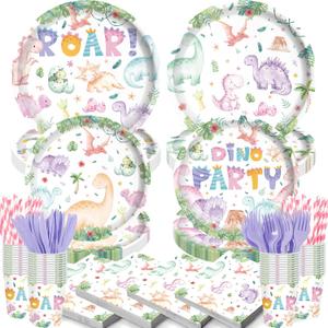 140PCS Pastel Dinosaur Birthday Decorations,Girl Pink Dinosaur Theme Party Tableware Set Plates Napkins Cups, Girls Dino Party Supplies Serves 20 Guests