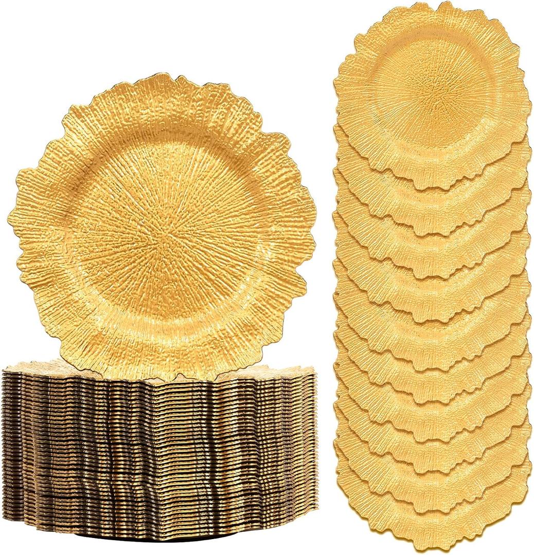 GenMous Gold Charger Plates Bulk 50 for Wedding Party Table Decor, 13 inch Decorative Floral Round Gold Charger for Dining Plates, Plastic Metallic Plates Charger for Thanksgiving Christmas Holiday (50 pack)