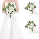 HOMENERGY Set of 2 Bridesmaid Bouquets for Wedding - Silk Artificial Ivory Bridesmaid Flowers, Pre-Made Roses Sage Green Boho Bridal Floral for Bride Party Ceremony Anniversary Decoration - 9inch
