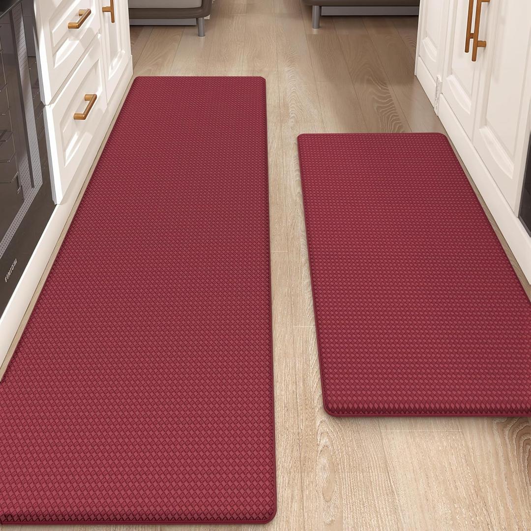 Color&Geometry Anti Fatigue Cushion Padded Kitchen Mat for Floor - 17x29+17x59,Easy Clean, Waterproof & Oil Proof, Anti Slip, Foam Rubber Runner Rug for Front Sink Comfort Standing, Red Set of 2