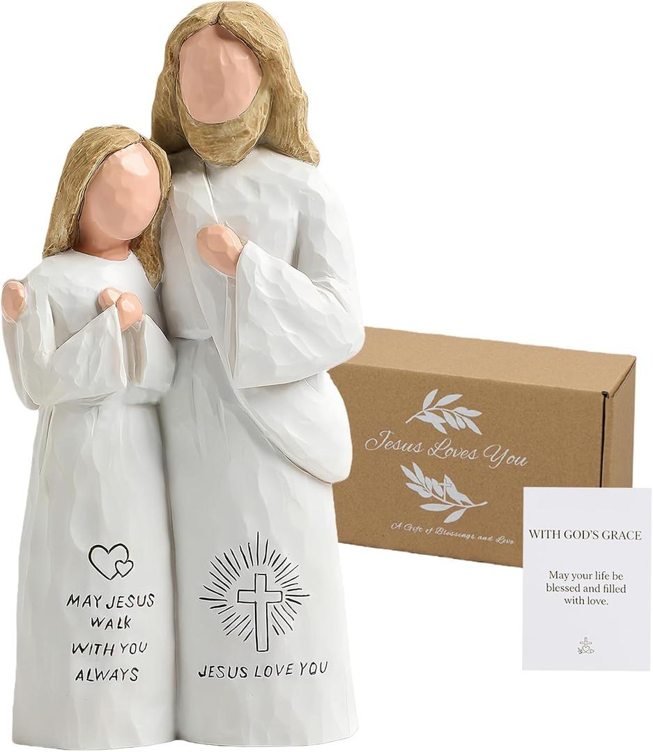 Jesus Statue Embracing Woman Figurine – Christian Gift for Baptism, First Communion & Confirmation, Church Memorial Keepsake, Comfort Encouragement Gift for Mothers and Women, Prayer Corner Decor
