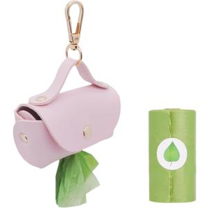Leather Poop Bag Holder Dispenser for Leash, Portable and Reusable Dog Poop Dispenser, Dog Bag Holder for Walking, Outdoor, Travelling (Pink)