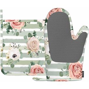 Mxocom Anemone Rose Flower Heat-Resistant Oven Mitts and Pot Holder Silver Eucalyptus Leaves Berry Stripped Kitchen Non-Slip Cooking Microwave Gloves for Cooking Baking Grilling