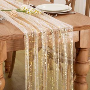 P Pothuiny 6 Pcs Beige Gold Table Runner 28 x 120 Inch, Glitter Metallic Foil Tulle Table Runner Party Golden Sheer Gauze Table Decor for Wedding Birthday Christmas Anniversary