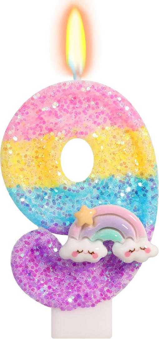 Rainbow Candles for Cakes, Number 9 Candle Rainbow Cake Topper for 9th Birthday Decorations for Girls, On Cloud 9 Birthday Decorations