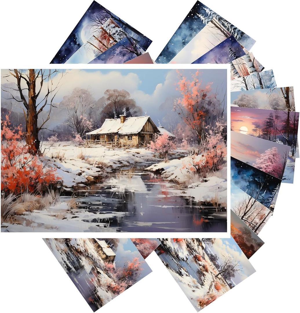 PIXILUV Vintage Postcards (24 pcs 4"x6" each) Gorgeous Serene Wintery Rivers and Cabins Vintage Postcards Retro Greeting Card Book Illustration Reprint (One)