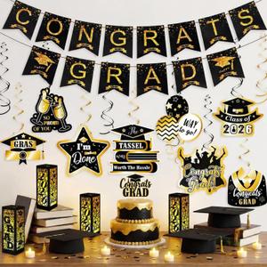 Rossesay 23 Pcs Graduation Black and Gold Party Decorations 2026 Congrats Grad Party Supplies with Banner Hanging Swirls Lanterns Candles for Class of 2026 Celebration High School College