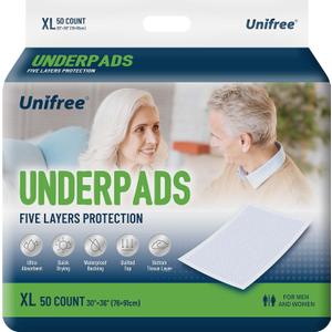 Unifree Disposable Underpads, Bed Pads, Incontinence Pad, Super Absorbent, 50 Count, Blue (XL 30x36 Inch) (X-Large)