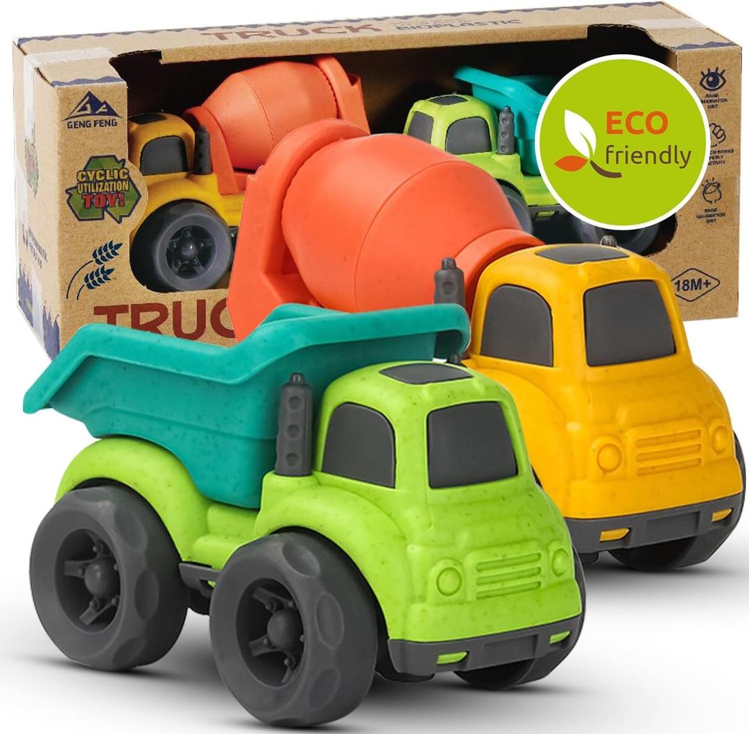 Toddler Car Toys for 1-3 Year Old, BPA Free, Phthalates Free, PVC, Dump Truck, Mixer Cement, Easter Christmas Birthday Gifts for 2 3 4 Year Boy Girl. Dishwasher Safe, Recycled Plastic (A-green and Yellow)