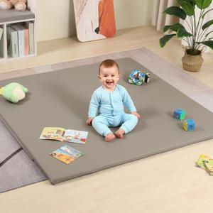 50"x50" Premium Baby Play Mat, Memory Foam with Wipe-Clean Leather Cover, Non-Slip & Machine Washable Floor Mat for Tummy Time, Crawling and Family Bonding Time, Grey