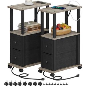 TUTOTAK Small Narrow End Tables, Side Tables with 2 Fabric Drawers, Set of 2, Bedside Tables with Charging Station for Small Spaces, Slim Nightstands with USB Ports and Wheels, TB01BG053 (Greige)
