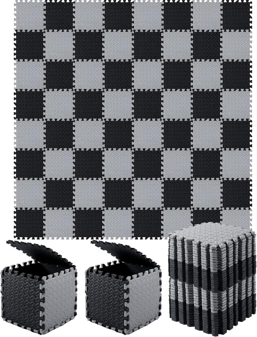 Shihanee Foam Floor Baby Tiles Foam Floor Mats Play Mats Bulk with Borders Interlocking for Kids Baby Playroom Nursery Gym (Black, Gray, 64ft)