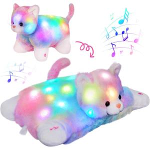 Glow Guards 16" Light Up Musical Rainbow Cat Stuffed Animal Glowing Colorful Cute Soft Kitty Plush Toy Pillow Sofa Decors Christmas Children's Day Birthday Gifts for Toddlers Kids (Large - LED & Music)