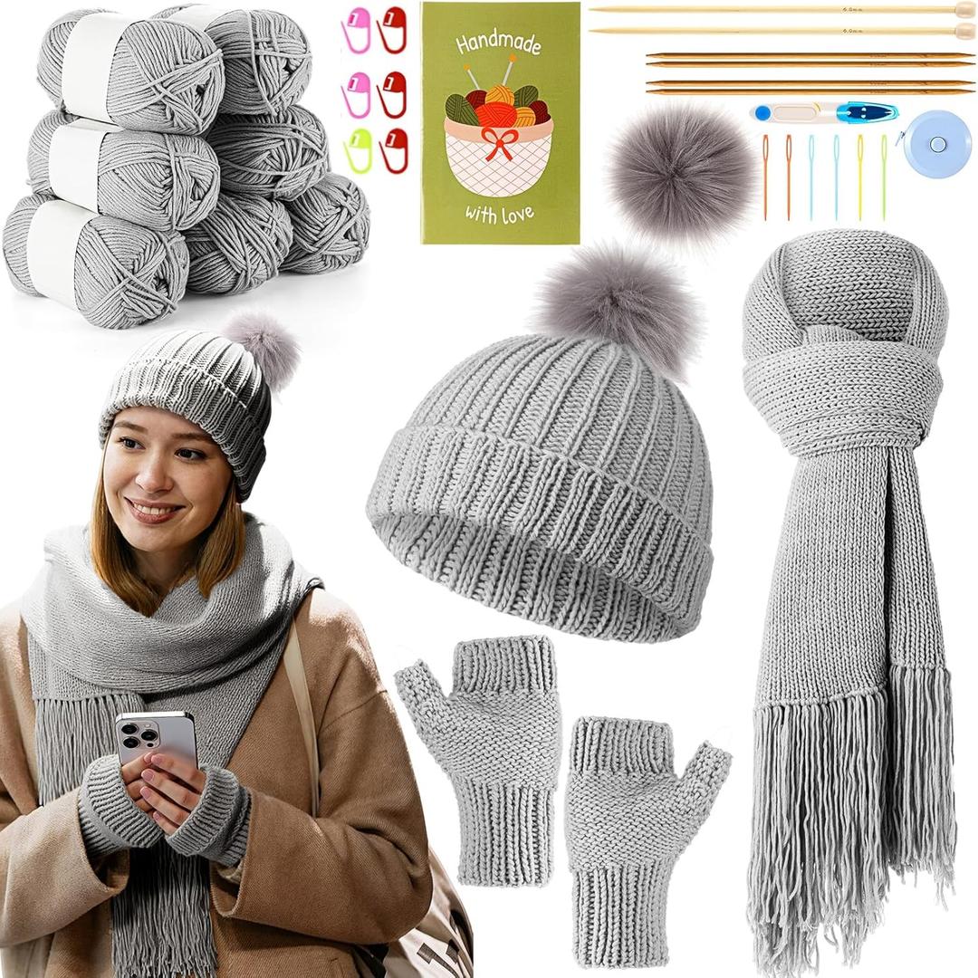 Maasechs Knitting Kit for Beginners, Learn to Knit Kit for Adults, Complete Hat, Scarf, Gloves Starter Bundle with Step-by-Step Instructions Includes Wool Yarn, Needles & Accessories (Gray)