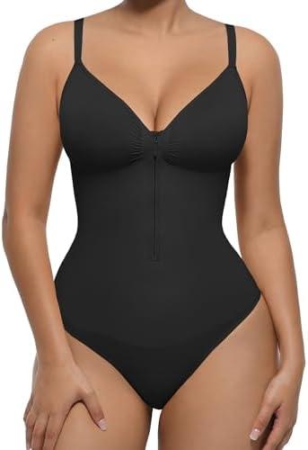 FeelinGirl Shapewear Bodysuit Tummy Control for Women Zip-Up Shapewear Thong Sculpting Snatched Waist V Neck Body Shaper M