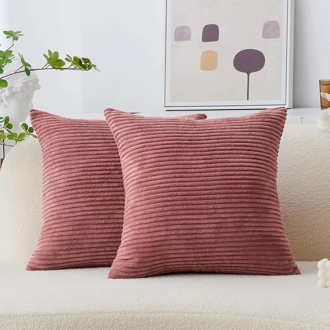 Home Brilliant Pillow Covers 18x18 Set of 2 Decor Striped Velvet Corduroy Decorative Pillow Cases Gift for Girl, 18 x 18 inch, Dry Rose Pink