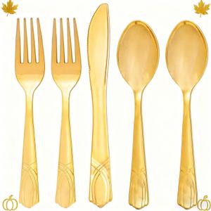 DaYammi 150Pcs Gold Disposable Silverware,Thanksgiving Plastic Cutlery Set - 50 Forks, 50 Knives, 50 Spoons - Gold Disposable Utensils Set Heavy Duty Plastic Flatware for Thanksgiving Party, Wedding