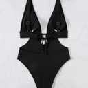 Women Sexy High Cut Cheeky One Piece Swimsuits Monokini Plunge V Neck Cutout Bathing Suit Beach Pool Party Rave Outfits (Black, L)