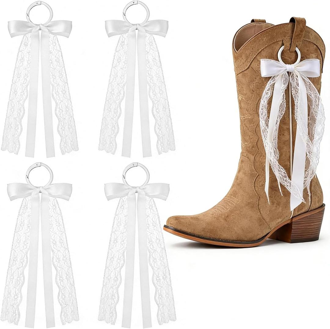4 Pcs White Ribbon Boot Bow for Cowgirl Boots Lace Bows Clip Decor Removable for Wedding Women DIY Bridal Shower Reception Accessory Supplies Gifts
