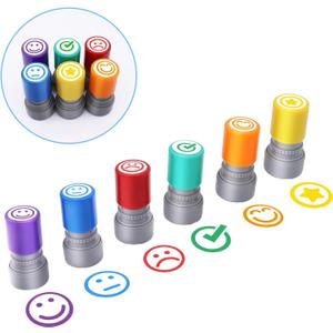 6pcs Rubber Teacher Stamps for Grading, Self-Inking, Office Stationery Stamps, Vibrant Colors, Best Homework Stamps, Encouraging Classroom Comments(Smiley Stamps)
