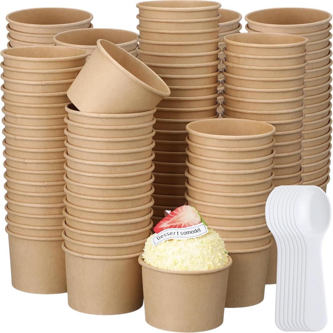 Honeydak 300 Pack 5 oz Kraft Paper Disposable Ice Cream Cups with Spoons Bulk Small Ice Cream Sundae Bowls Treat Dessert Snack Frozen Yogurt Soup Container Wedding Birthday Party Supplies(Brown)