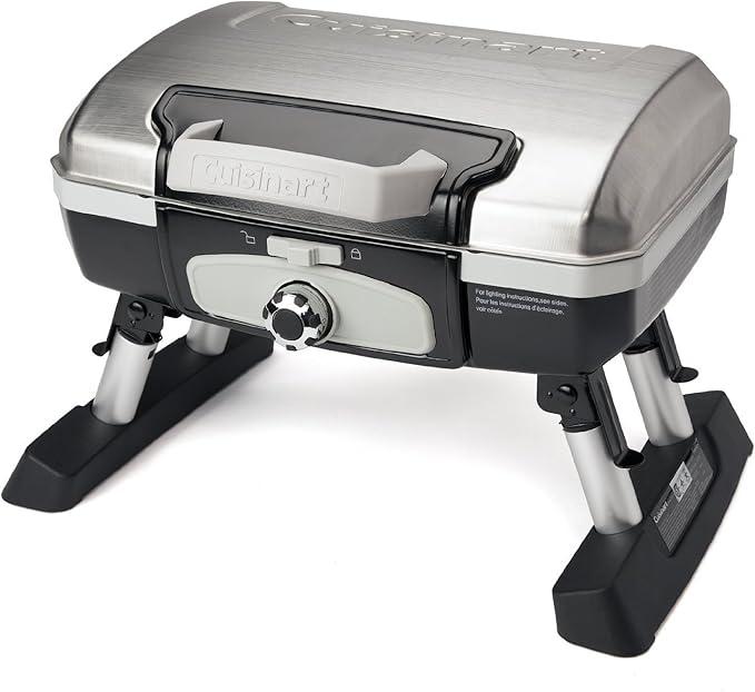 Cuisinart Petite Gourmet Portable Gas Grill, Compact & Lightweight Tabletop Small Grill for BBQs, Camping, Tailgates & Small Spaces, 5,500 BTU Burner Folding with Carry Handles, Stainless