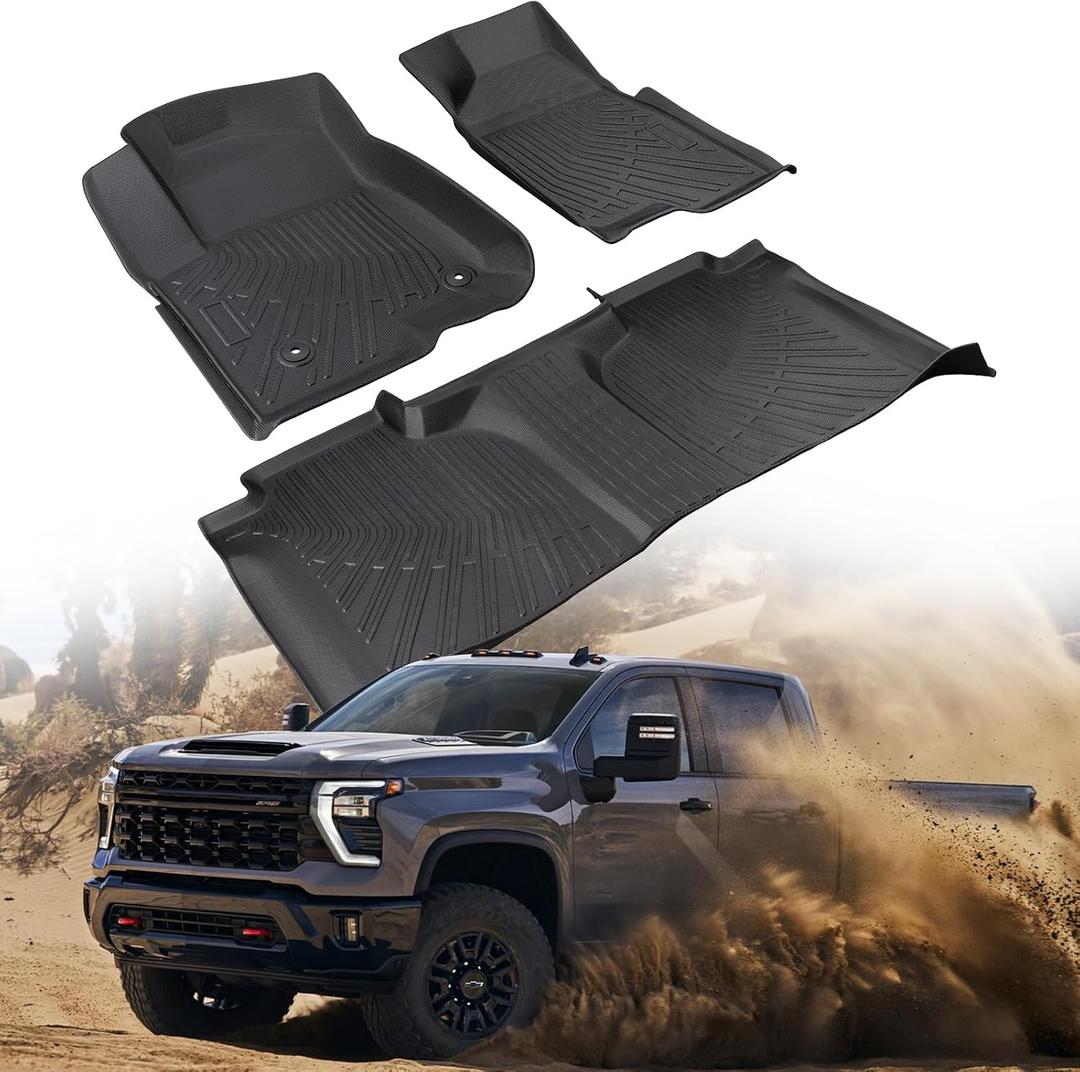 3 x CreekT for Chevy Silverado for GMC Sierra Floor Mats 2019-2025 2026 (Crew Cab Only, Fit with Rear Under-Seat Storage), All Weather Floor Mats for 1500/2500HD/3500HD Bucket Seating Accessories