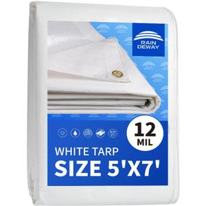 12 Mil Heavy Duty White Tarps 5' X 7', Extra Thick,Durable,Waterproof, UV Resistant, Weatherproof Poly Tarp,with Metal Grommets and Reinforced Edge (Finished Size)-by Raindeway