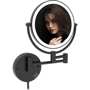 Fixsen 8 Inch LED Wall Mount Two-Sided Magnifying Makeup Vanity Mirror 12 Inch Extension Matte Black 1X/10X Magnification Plug 360 Degree Rotation Waterproof Button Shaving Mirror