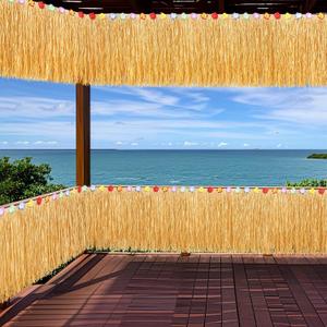 Fovths 2 Pieces Luau Grass Table Skirt 36 feet x 29.5 inch Fringe Banner Grass Table Skirt Natural Hawaiian Straw Grass Skirt for Tiki Bar Roof Summer Beach Tropical Party Decorations, Straw Yellow