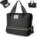 Geestock Weekender Bag with Shoe Compartment for Women, Expandable Overnight Duffle Bag, Carry On Personal Item Bag for Travel, Gym, Hospital, Included Storage Pouch & Adjustable Straps, Black