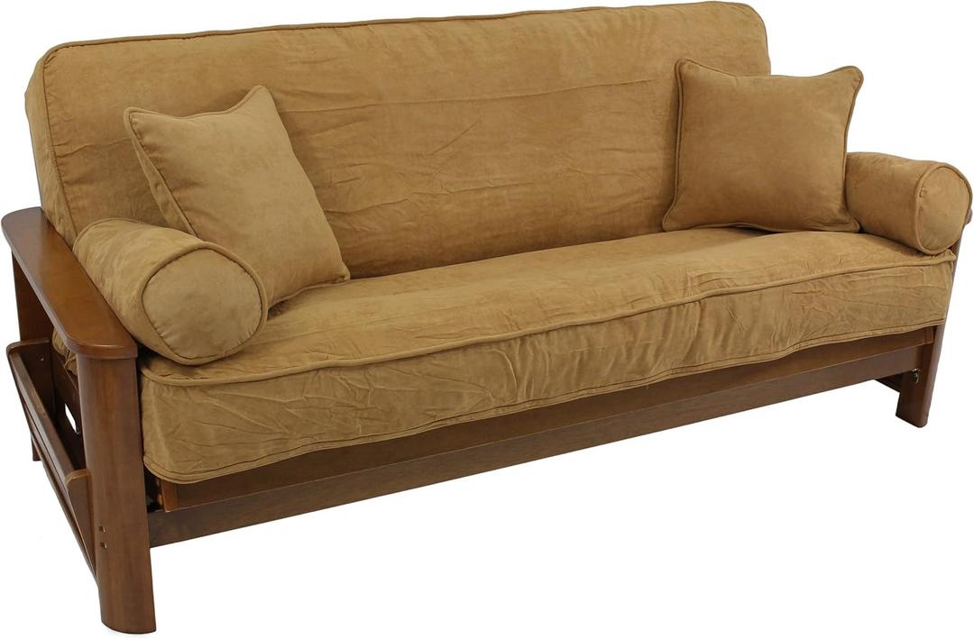 Blazing Needles Solid Microsuede Double Corded 8" to 9" Futon Cover Set with 4 Throw Pillows (Set of 5), Full, Camel