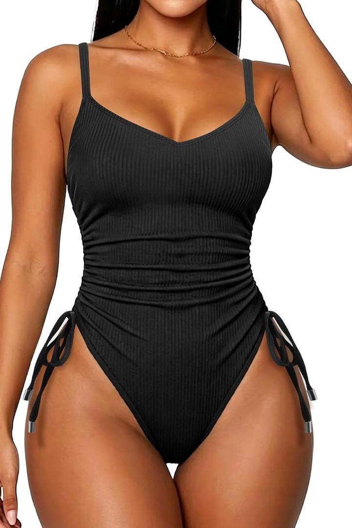 Daci Women's Tummy Control One Piece Swimsuit Sexy High Cut Swimwear (Black, M)