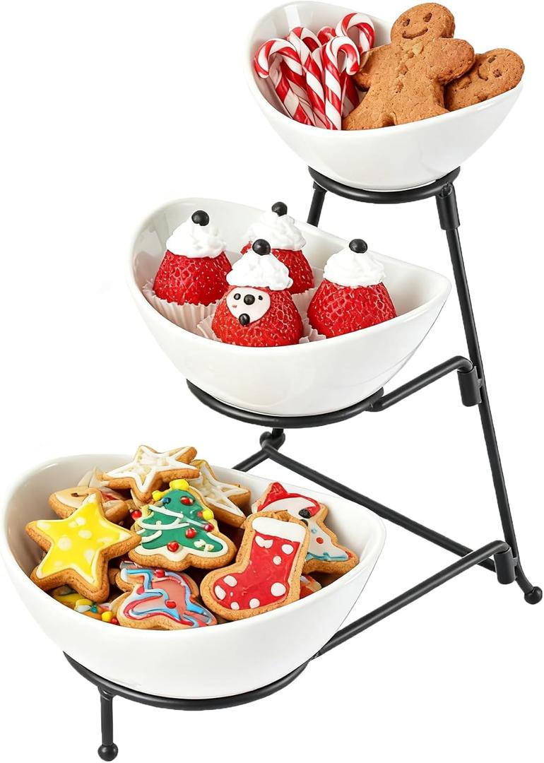 LYEOBOH 3 Tier Serving Bowls Set with Collapsible Thicker Metal Stand, Oval Serving Dishes for Entertaining Tiered Serving Stand for Fruit, Dessert, Candy, Chip and Dip (Black)