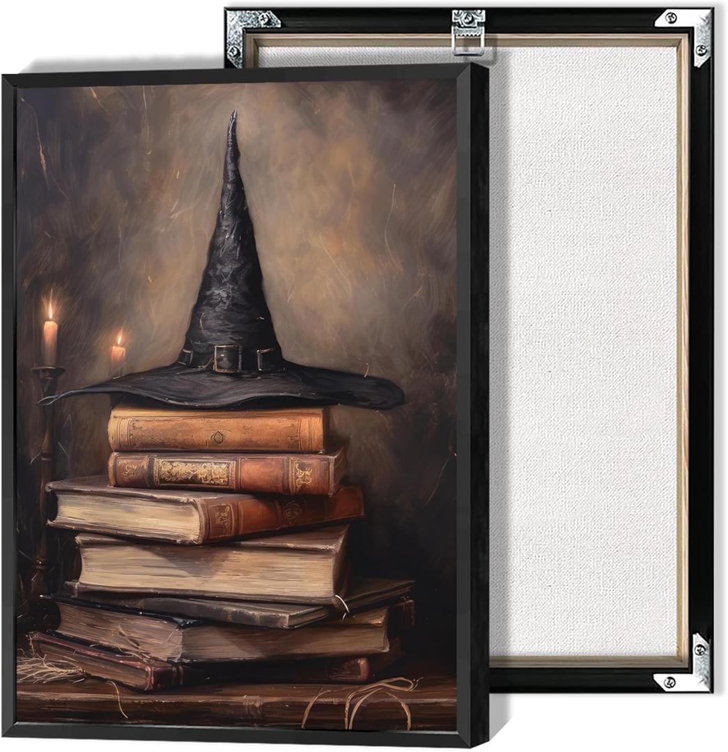 HQPCNGZ Vintage Witch Hat On Old Books Posters Spooky Halloween Canvas Wall Art Funny Gothic Dark Academia Prints Painting For Study Home Bedroom Dorm Wall Decor 12x16in Unframed
