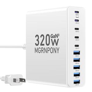 320W USB C Charger Block, 10-Port USB C Charging Station GaN III PD 65W Laptop Fast Charger Adapter for MacBook Pro/Air, DELL, iPad, iPhone, Samsung Galaxy White