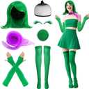 7 Pcs Halloween Green Wig with Purple Scarf, Women Green Costume Wig Set Include Face Paint Eyelashes Gloves Socks, Green's Anime Cosplay Flip Wigs for Halloween St Patrick's Party Accessory