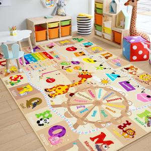 Chicrug Educational Kid Area Rug for Playroom, 6x9 Feet TPR Non Slip Kids Classroom Carpet Rug for Learning ABC Animal, Shape Color Fruit, Washable Play Mat Rug for Children Nursery Toddler Room Decor (Camel)