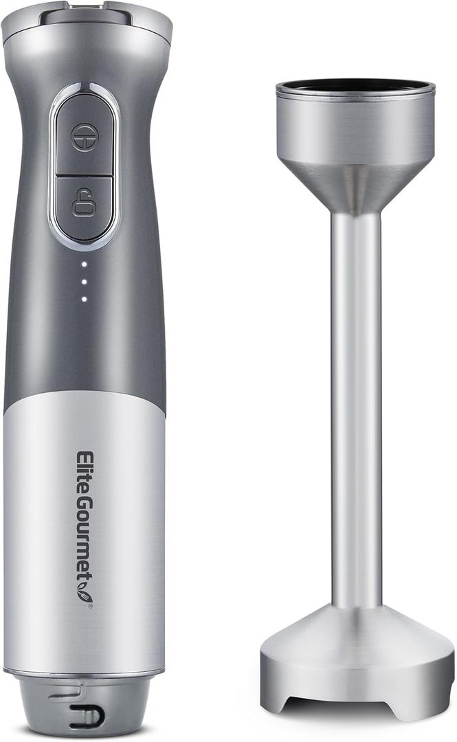 Elite Gourmet EHB1324 Cordless, Rechargeable Hand Blender, Variable 5-Speed Blending, One-Touch Power Button & Safety Lock, Stainless Steel Blades, Portable, Sauces, Soup, Smoothies, Baby Food, Gray (Granite)