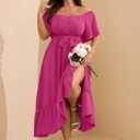 RWJ Women's Plus Size Dress for Cocktail Wedding Guest Formal V Neck Off The Shoulder Maxi Dress with Belt (Pink, XXXL)
