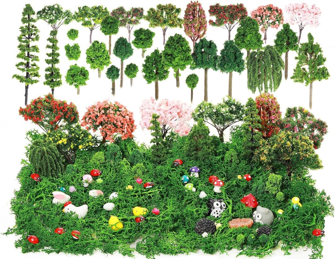Hoteam 72 Pcs Miniature Garden Accessories Mini Moss Garden Animals Rabbit Owl Miniature Figurines Fake Diorama Trees Natural Outdoor Sheet for DIY Fairy Craft Decor