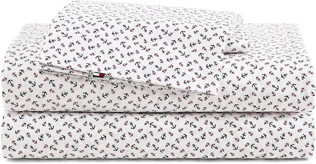 Tommy Hilfiger King Size Sheet Set, Soft Cotton Percale Bedding with Crisp Cooling Comfort, Deep Pocket Fitted Sheet with Matching Pillowcases, Americana Decor (Atlantic Anchors Red/Blue)