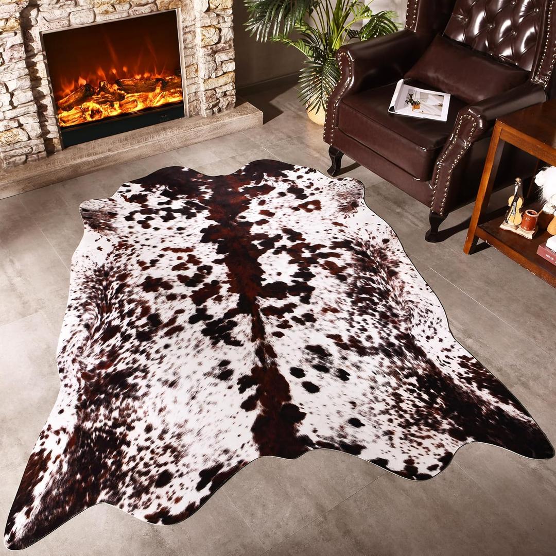 Premium Cowhide Rug, 4.6 x 5.2 Feet, Western Decor Faux Cowhide, Thickened Cow Print for Bedroom, Living Room, Home Office Decor (Brown White)