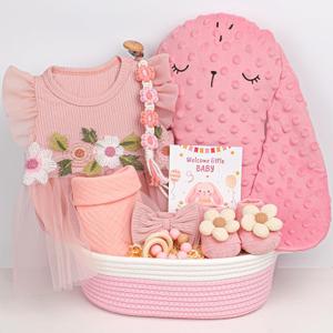Baby Girl Gift Basket | 9 PCS Pink Welcome Home Newborn Baby Girl Gift Set with Dress, Headband | Baby Girl Newborn Essentials with Socks, Storage Basket | Baby Shower Gift for Girls