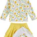 Girls Rash Guard Swimsuit Set UPF 50+ Long Sleeve Two Piece Swimwear Half Zip with Skirt Bottom for Kids 3-10Y