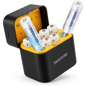 Tanatare 8 Pack Rechargeable Lithium ion AA Batteries with 2.5H Fast Charger, 3000mWh 1.5V Constant Output Rechargeable Double A Batteries Recharge up to 2000x Times, Low Self Discharge