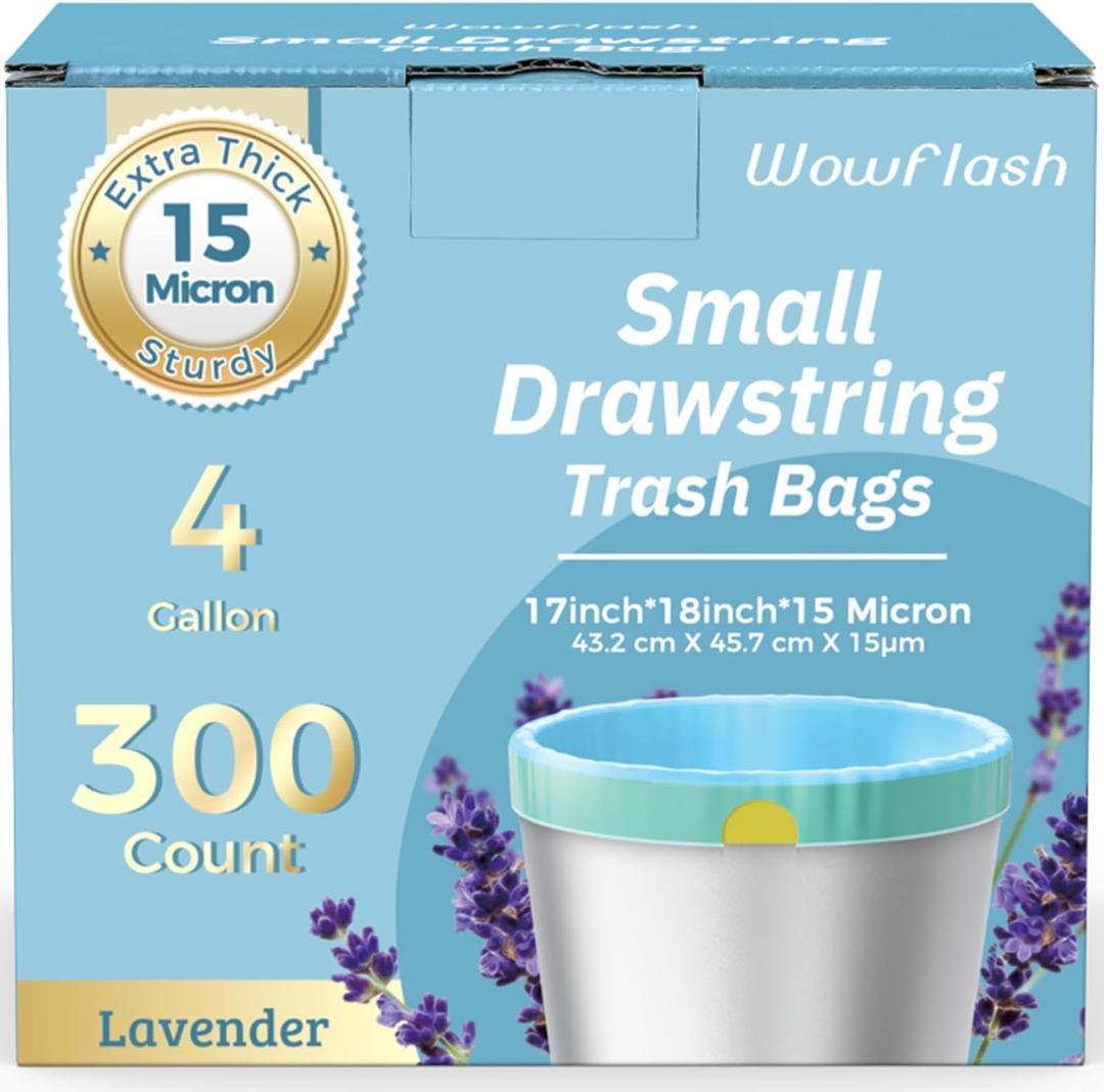 300 Count 15 Micron Extra Thick 4 Gallon Drawstring Small Trash Bags, Sturdy & Tear-Resistant Small Garbage Bags for Bathroom, Office, Bedroom & Kitchen