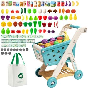 Jovow 102pcs Kids Shopping Cart Trolley Play Set with Pretend Food and Accessories,Perfect for Ages 3+ Pretend Play and Role-Playing Games