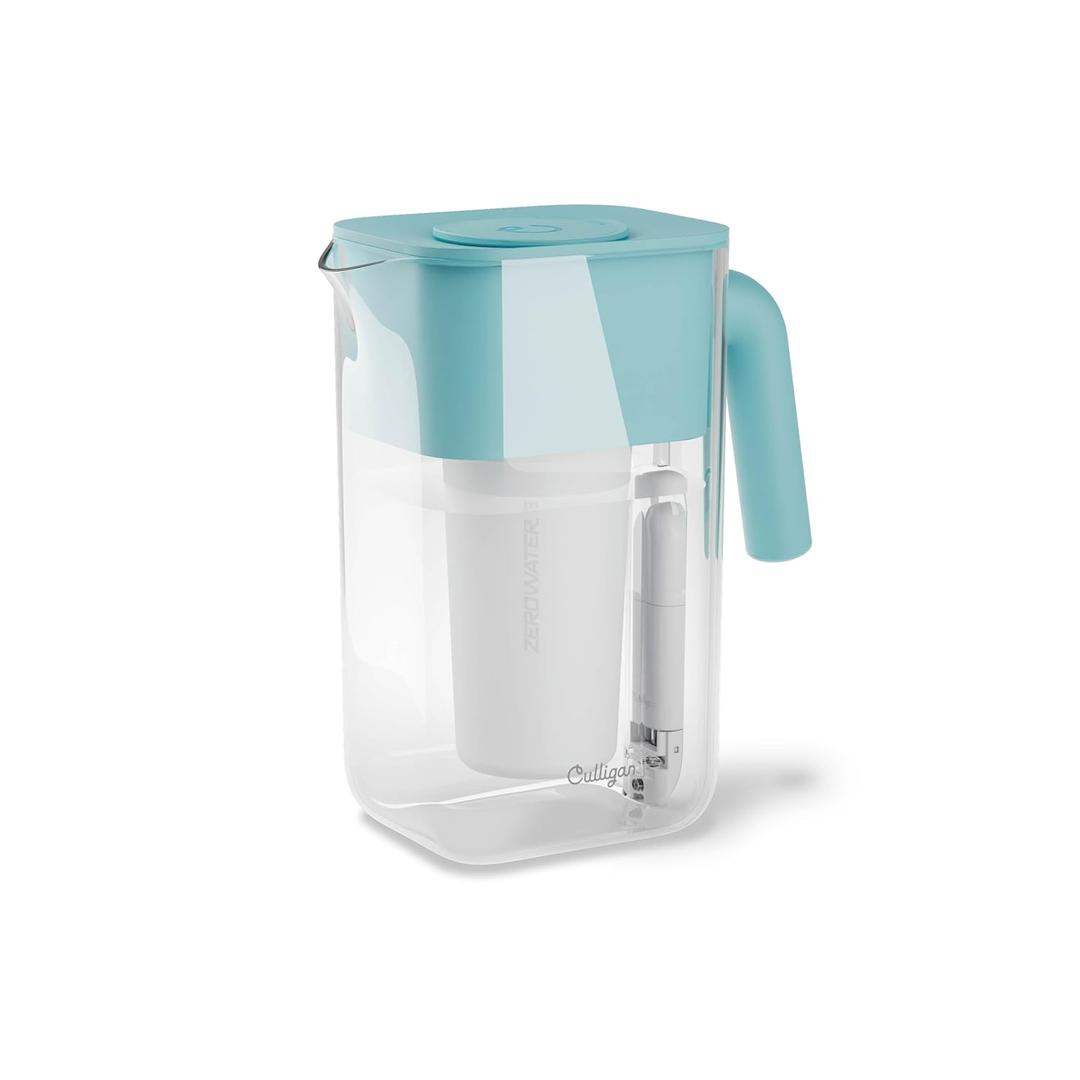 Culligan with ZeroWater Technology 10-Cup Water Filter Pitcher Includes 5-Stage Advanced Water Filter, IAPMO Certified to Reduce Lead, Total PFAS, Mercury, Fluoride, and Chlorine - Aqua