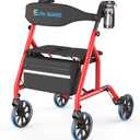 Foldable Rollator Walkers for Seniors with Seat, 8" TPR Wheels 350lb Capacity, 17.5" Padded Seat & Backrest, 7-Level Tool-Free Height Adjust, Quick Fold, Storage Bag & Cup Holder, Red